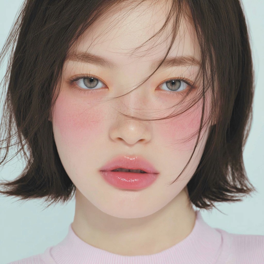 年轻亚洲女性肖像，短发与自然柔和的妆容。