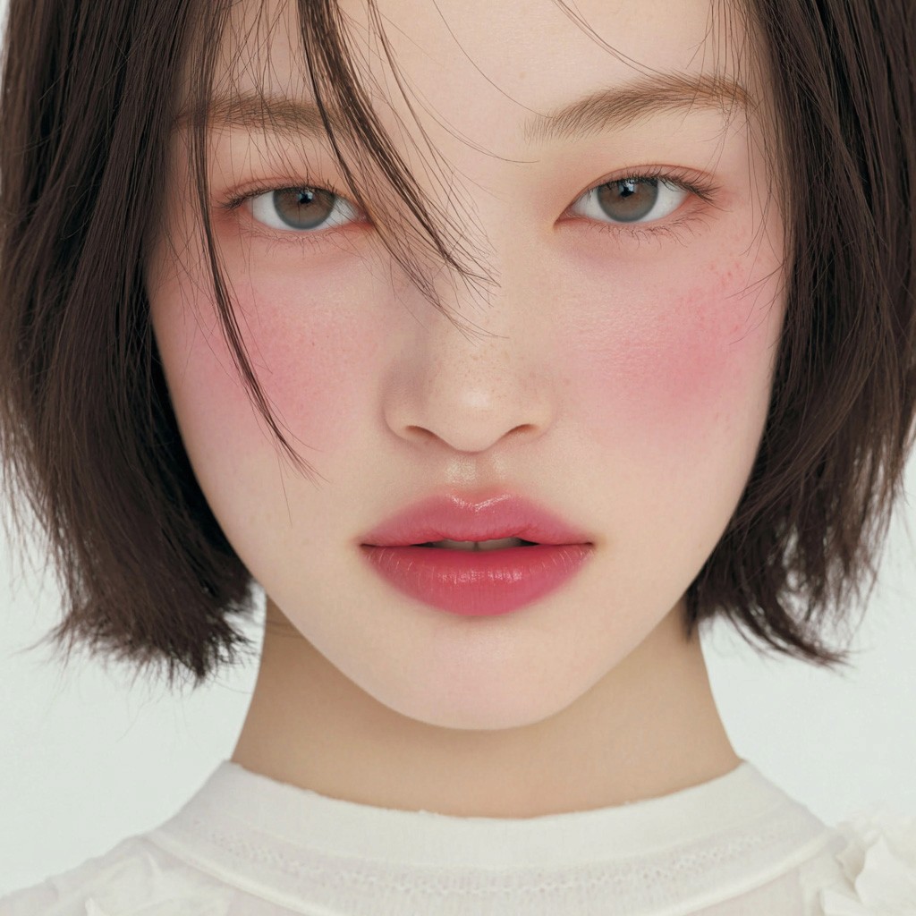 年轻亚洲女性肖像，短发与自然柔和的妆容。